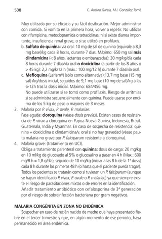 538                                          C. Ardura García, M.I. González Tomé


   Muy utilizada por su eficacia y su fácil dosificación. Mejor administrar
   con comida. Si vomita en la primera hora, volver a repetir. No utilizar
   con rifampicina, metoclopramida o tetraciclinas, ni si existe diarrea impor-
   tante, insuficiencia renal grave, o si se utilizó en profilaxis.
   b. Sulfato de quinina: vía oral: 10 mg de sal de quinina (equivale a 8,3
      mg base)/kg cada 8 horas, durante 7 días. Máximo: 650 mg sal más
      clindamicina (< 8 años, lactantes o embarazadas): 30 mg/kg/día cada
      8 horas durante 7 días/vía oral o doxiciclina (a partir de los 8 años o
      > 45 kg): 2,2 mg/k/12 h (máx.: 100 mg/12 h) durante 7 días/vía oral.
   c. Mefloquina (Lariam®) (sólo como alternativa):13.7 mg base (15 mg
      sal) /kg/dosis inicial, seguidos de 9,1 mg base (10 mg de sal)/kg a las
      6-12h tras la dosis inicial. Máximo: 684/456 mg.
      No puede utilizarse si se tomó como profilaxis. Riesgo de arritmias
      si se administra secuencialmente con quinina. Puede usarse por enci-
      ma de los 5 kg de peso o mayores de 3 meses.
3. Malaria por P. vivax, P. ovale, P. malariae:
   Fase aguda: cloroquina (véase dosis previas). Existen casos de resisten-
   cia de P. vivax a cloroquina en Papua-Nueva Guinea, Indonesia, Brasil.
   Guatemala, India y Myanmar. En caso de sospecha de resistencia: qui-
   nina + doxiciclina o clindamicina/v. oral si no hay gravedad (véase pau-
   ta malaria no grave por P. falciparum resistente a cloroquina).
4. Malaria grave: (tratamiento en UCI).
   Obliga a tratamiento parenteral con quinina: dosis de carga: 20 mg/kg
   en 10 ml/kg de glucosado al 5% o glucosalino a pasar en 4 h (Max.: 600
   mg/8 h = 1,8 g/día), seguido de 10 mg/kg (iniciar a las 8 h de la 1ª dosis)
   cada 8 h durante las primeras 48 h (o hasta que el paciente pueda tragar).
   Todos los pacientes se tratarán como si tuvieran un P. falciparum (aunque
   se hayan identificado P. vivax, P. ovale o P. malariae) ya que siempre exis-
   te el riesgo de parasitaciones mixtas o de errores en la identificación.
   Añadir tratamiento antibiótico con cefalosporina de 3ª generación
   por el riesgo de sobreinfección bacteriana por gram negativos.

MALARIA CONGÉNITA EN ZONA NO ENDÉMICA
    Sospechar en caso de recién nacido de madre que haya presentado fie-
bre en el tercer trimestre y que, en algún momento de ese periodo, haya
permanecido en área endémica.
 