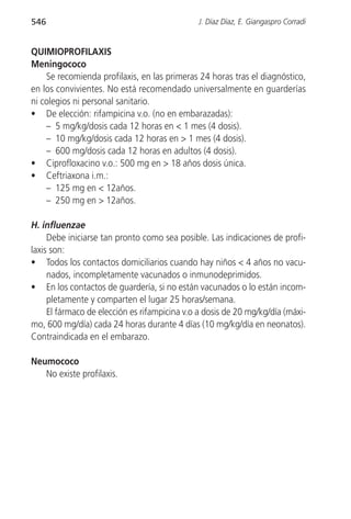 546                                            J. Díaz Díaz, E. Giangaspro Corradi


QUIMIOPROFILAXIS
Meningococo
    Se recomienda profilaxis, en las primeras 24 horas tras el diagnóstico,
en los convivientes. No está recomendado universalmente en guarderías
ni colegios ni personal sanitario.
• De elección: rifampicina v.o. (no en embarazadas):
    – 5 mg/kg/dosis cada 12 horas en < 1 mes (4 dosis).
    – 10 mg/kg/dosis cada 12 horas en > 1 mes (4 dosis).
    – 600 mg/dosis cada 12 horas en adultos (4 dosis).
• Ciprofloxacino v.o.: 500 mg en > 18 años dosis única.
• Ceftriaxona i.m.:
    – 125 mg en < 12años.
    – 250 mg en > 12años.

H. influenzae
     Debe iniciarse tan pronto como sea posible. Las indicaciones de profi-
laxis son:
• Todos los contactos domiciliarios cuando hay niños < 4 años no vacu-
     nados, incompletamente vacunados o inmunodeprimidos.
• En los contactos de guardería, si no están vacunados o lo están incom-
     pletamente y comparten el lugar 25 horas/semana.
     El fármaco de elección es rifampicina v.o a dosis de 20 mg/kg/día (máxi-
mo, 600 mg/día) cada 24 horas durante 4 días (10 mg/kg/día en neonatos).
Contraindicada en el embarazo.

Neumococo
   No existe profilaxis.
 