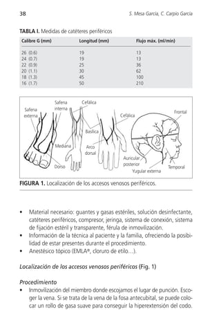 38                                                 S. Mesa García, C. Carpio García


TABLA I. Medidas de catéteres periféricos
Calibre G (mm)              Longitud (mm)                Flujo máx. (ml/min)

26    (0.6)                 19                           13
24    (0.7)                 19                           13
22    (0.9)                 25                           36
20    (1.1)                 30                           62
18    (1.3)                 45                           100
16    (1.7)                 50                           210



                 Safena      Cefálica
    Safena       interna
                                                                           Frontal
    externa                                   Cefálica


                                 Basílica


                 Mediana          Arco
                                 dorsal
                                                Auricular
                 Dorso                          posterior
                                                                        Temporal
                                                     Yugular externa

FIGURA 1. Localización de los accesos venosos periféricos.



•     Material necesario: guantes y gasas estériles, solución desinfectante,
      catéteres periféricos, compresor, jeringa, sistema de conexión, sistema
      de fijación estéril y transparente, férula de inmovilización.
•     Información de la técnica al paciente y la familia, ofreciendo la posibi-
      lidad de estar presentes durante el procedimiento.
•     Anestésico tópico (EMLA®, cloruro de etilo…).

Localización de los accesos venosos periféricos (Fig. 1)

Procedimiento
• Inmovilización del miembro donde escojamos el lugar de punción. Esco-
   ger la vena. Si se trata de la vena de la fosa antecubital, se puede colo-
   car un rollo de gasa suave para conseguir la hiperextensión del codo.
 