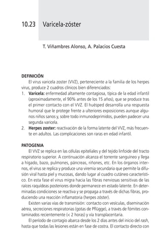 10.23        Varicela-zóster


             T. Viñambres Alonso, A. Palacios Cuesta




DEFINICIÓN
     El virus varicela zoster (VVZ), perteneciente a la familia de los herpes
virus, produce 2 cuadros clínicos bien diferenciados:
1. Varicela: enfermedad altamente contagiosa, típica de la edad infantil
     (aproximadamente, el 90% antes de los 15 años), que se produce tras
     el primer contacto con el VVZ. El huésped desarrolla una respuesta
     humoral que le protege frente a ulteriores exposiciones aunque algu-
     nos niños sanos y, sobre todo inmunodeprimidos, pueden padecer una
     segunda varicela.
2. Herpes zoster: reactivación de la forma latente del VVZ, más frecuen-
     te en adultos. Las complicaciones son raras en edad infantil.

PATOGENIA
     El VVZ se replica en las células epiteliales y del tejido linfoide del tracto
respiratorio superior. A continuación alcanza el torrente sanguíneo y llega
a hígado, bazo, pulmones, páncreas, riñones, etc. En los órganos inter-
nos, el virus se replica y produce una viremia secundaria que permite la difu-
sión viral hasta piel y mucosas, dando lugar al cuadro cutáneo característi-
co. En esta fase el virus migra hacia las fibras nerviosas sensitivas de las
raíces raquídeas posteriores donde permanece en estado latente. En deter-
minadas condiciones se reactiva y se propaga a través de dichas fibras, pro-
duciendo una reacción inflamatoria (herpes zóster).
     Existen varias vías de transmisión: contacto con vesículas, diseminación
aérea, secreciones respiratorias (gotas de Pflügge), a través de fómites con-
taminados recientemente (< 2 horas) y vía transplacentaria.
     El período de contagio abarca desde los 2 días antes del inicio del rash,
hasta que todas las lesiones están en fase de costra. El contacto directo con
 