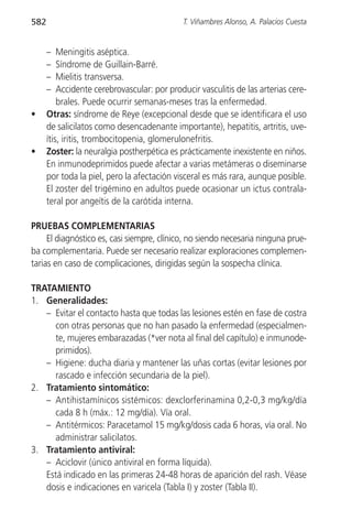 582                                          T. Viñambres Alonso, A. Palacios Cuesta


      –   Meningitis aséptica.
      –   Síndrome de Guillain-Barré.
      –   Mielitis transversa.
      –   Accidente cerebrovascular: por producir vasculitis de las arterias cere-
          brales. Puede ocurrir semanas-meses tras la enfermedad.
•     Otras: síndrome de Reye (excepcional desde que se identificara el uso
      de salicilatos como desencadenante importante), hepatitis, artritis, uve-
      ítis, iritis, trombocitopenia, glomerulonefritis.
•     Zoster: la neuralgia postherpética es prácticamente inexistente en niños.
      En inmunodeprimidos puede afectar a varias metámeras o diseminarse
      por toda la piel, pero la afectación visceral es más rara, aunque posible.
      El zoster del trigémino en adultos puede ocasionar un ictus contrala-
      teral por angeítis de la carótida interna.

PRUEBAS COMPLEMENTARIAS
     El diagnóstico es, casi siempre, clínico, no siendo necesaria ninguna prue-
ba complementaria. Puede ser necesario realizar exploraciones complemen-
tarias en caso de complicaciones, dirigidas según la sospecha clínica.

TRATAMIENTO
1. Generalidades:
   – Evitar el contacto hasta que todas las lesiones estén en fase de costra
     con otras personas que no han pasado la enfermedad (especialmen-
     te, mujeres embarazadas (*ver nota al final del capítulo) e inmunode-
     primidos).
   – Higiene: ducha diaria y mantener las uñas cortas (evitar lesiones por
     rascado e infección secundaria de la piel).
2. Tratamiento sintomático:
   – Antihistamínicos sistémicos: dexclorferinamina 0,2-0,3 mg/kg/día
     cada 8 h (máx.: 12 mg/día). Vía oral.
   – Antitérmicos: Paracetamol 15 mg/kg/dosis cada 6 horas, vía oral. No
     administrar salicilatos.
3. Tratamiento antiviral:
   – Aciclovir (único antiviral en forma líquida).
   Está indicado en las primeras 24-48 horas de aparición del rash. Véase
   dosis e indicaciones en varicela (Tabla I) y zoster (Tabla II).
 