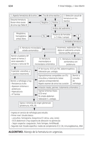 634                                                               P. Areal Hidalgo, J. Vara Martín



 1. Aspecto hematúrico de la orina         Tira de orina reactiva       2. Detección casual de
                                                                        hematuria en tira
 Descarta hematuria.
                                                                        reactiva
 Buscar otras causas                      Negativa      Positiva
 de orina roja (Tabla II)
                                                        Análisis del sedimento

        Mioglobina,
                                                        Presencia de hematíes            Sí
        hemoglobina                        No
                                                          (+ 5 htíes / campo)
        ambas libres
                                                                          Verdadera hematuria


              A. Hematuria microscópica                       Anamnesis, exploración física,
                 aislada asintomática                         datos en sedimento urinario.
                                                               Glomerular/No glomerular
  Remitir al pediatra AP:
  repetir al menos 2                 B. Hematuria                   C. Hematuria microscópica
  veces separados 1                 macroscópica o                      asintomática con
  semana + toma de TA           microscópica sintomática                   proteinuria

                                     Hª de trauma: ECO y/o TAC abdominopélvico.
  Si persiste: urocultivo, y         Valoración por. urología.
  si positivo tratamiento.
                                     Signos/síntomas compatibles con ITU:          Remitir a
                                     Urocultivo y tratamiento (véase               consulta
 Remitir a nefrología si hay:        capítulo correspondiente).                    de
 - Persistencia al año               Repetir examen de orina tras curación         nefrología
 - Aparecen síntomas o
                                     Irritación meato, perineo: tratamiento sintomático
   proteinuria
 - Hipercalciuria                    Signos/ síntomas litiasis:
 - Hª familiar                       ECO renal
                                     Rx simple abdomen
                                     Valoración S. urología.
              Signos / síntomas de origen glomerular:
              (proteinuria, HTA, IR)


 - Ingreso en servicio de nefrología para estudio.
 - Primer nivel. Estudio básico:
   - urocultivo, hemograma, bioquímica (Cr sérica, urea, iones).
   - ECO abdominal si hay sospecha de alteración no glomerular.
   - Según sospecha: coagulación, frotis faríngeo, AntiDNasaB.
 - Segundo nivel. Estudio específico: niveles de complemento (C3, C4), inmunoglobulinas, ANA

ALGORITMO. Manejo de la hematuria en urgencias.
 