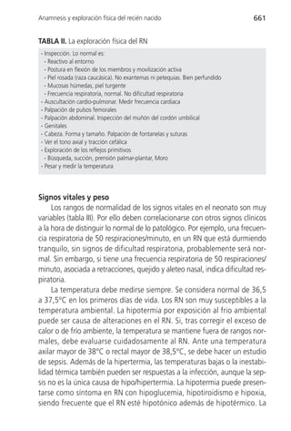 Anamnesis y exploración física del recién nacido                                661


TABLA II. La exploración física del RN
 - Inspección. Lo normal es:
   - Reactivo al entorno
   - Postura en flexión de los miembros y movilización activa
   - Piel rosada (raza caucásica). No exantemas ni petequias. Bien perfundido
   - Mucosas húmedas, piel turgente
   - Frecuencia respiratoria, normal. No dificultad respiratoria
 - Auscultación cardio-pulmonar. Medir frecuencia cardiaca
 - Palpación de pulsos femorales
 - Palpación abdominal. Inspección del muñón del cordón umbilical
 - Genitales
 - Cabeza. Forma y tamaño. Palpación de fontanelas y suturas
 - Ver el tono axial y tracción cefálica
 - Exploración de los reflejos primitivos
   - Búsqueda, succión, prensión palmar-plantar, Moro
 - Pesar y medir la temperatura




Signos vitales y peso
     Los rangos de normalidad de los signos vitales en el neonato son muy
variables (tabla III). Por ello deben correlacionarse con otros signos clínicos
a la hora de distinguir lo normal de lo patológico. Por ejemplo, una frecuen-
cia respiratoria de 50 respiraciones/minuto, en un RN que está durmiendo
tranquilo, sin signos de dificultad respiratoria, probablemente será nor-
mal. Sin embargo, si tiene una frecuencia respiratoria de 50 respiraciones/
minuto, asociada a retracciones, quejido y aleteo nasal, indica dificultad res-
piratoria.
     La temperatura debe medirse siempre. Se considera normal de 36,5
a 37,5°C en los primeros días de vida. Los RN son muy susceptibles a la
temperatura ambiental. La hipotermia por exposición al frio ambiental
puede ser causa de alteraciones en el RN. Si, tras corregir el exceso de
calor o de frío ambiente, la temperatura se mantiene fuera de rangos nor-
males, debe evaluarse cuidadosamente al RN. Ante una temperatura
axilar mayor de 38°C o rectal mayor de 38,5°C, se debe hacer un estudio
de sepsis. Además de la hipertermia, las temperaturas bajas o la inestabi-
lidad térmica también pueden ser respuestas a la infección, aunque la sep-
sis no es la única causa de hipo/hipertermia. La hipotermia puede presen-
tarse como síntoma en RN con hipoglucemia, hipotiroidismo e hipoxia,
siendo frecuente que el RN esté hipotónico además de hipotérmico. La
 