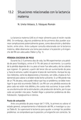 13.2       Situaciones relacionadas con la lactancia
            materna

            N. Ureta Velasco, S. Vázquez Román




    La lactancia materna (LM) es el mejor alimento para el recién nacido
(RN). Sin embargo, algunos problemas de los primeros días pueden aca-
rrear complicaciones potencialmente graves, como desnutrición y deshidra-
tación, entre otros. Ante cualquier consulta relacionada con la lactancia
materna, debe observarse una toma para evaluar si la posición y el engan-
che del RN son adecuados (Tabla I y Fig. 1).

PÉRDIDA EXCESIVA DE PESO
     Durante los 2-3 primeros días de vida, los RN experimentan una pérdi-
da de peso fisiológica, entre el 5-7% del peso al nacimiento. La cuantía
de la pérdida depende de si su peso al nacer fue adecuado y de las calorías
que ingieren. En general, a partir del tercer día van aumentando de peso
y, hacia la semana, suelen recuperar el peso de nacimiento. Aunque los sig-
nos indirectos, como las deposiciones y micciones, son útiles, el peso es fun-
damental para valorar si el bebé recibe leche suficiente. Si un RN pierde más
de un 7% de peso, esto puede indicar que hay un problema y se debe inves-
tigar lo que está ocurriendo (Tabla II). Los RN con una pérdida excesiva de
peso cada vez están más débiles y les cuesta más succionar, lo que conlle-
va una disminución de la estimulación y de producción de leche, por lo que
cada vez pierden más peso. Pueden llegar a presentar problemas de des-
hidratación, hipoglucemia e ictericia.

Pauta de actuación
     Ante una pérdida de peso mayor del 7-10%, lo primero es valorar el
estado general, comportamiento e hidratación del RN, e investigar su cau-
sa (Tabla II). Se supervisará la lactancia para ayudar a corregir los posibles
problemas: se comprobará que la posición y el enganche son correctos. Se
 