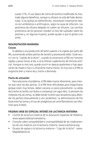 674                                          N. Ureta Velasco, S. Vázquez Román


      suaves (1%). El uso tópico de crema de lanolina modificada ha mos-
      trado algunos beneficios, aunque su eficacia no está del todo demos-
      trada. Si las grietas se sobreinfectan, necesitarán tratamiento tópi-
      co con antibióticos o antifúngicos, según la causa de infección. Las
      pezoneras de silicona delgada no suelen ser eficaces. Las conchas
      protectoras de los pezones impiden el roce del sujetador sobre los
      pezones y, en algunas mujeres, puede ayudar a que la grieta cure
      antes.

INGURGITACIÓN MAMARIA
Causas
     Es debida a una producción de leche superior a la ingesta por parte del
RN, aumentando ambos pechos de tamaño y provocando dolor. Suele ocu-
rrir con la “subida de la leche”, cuando se amamanta al RN con horarios
rígidos y pocas tomas al día, o se le ofrecen suplementos de fórmula artifi-
cial. Aunque es más raro, puede ocurrir en épocas posteriores si hay sepa-
ración de madre e hijo o si el lactante mama menos. Es muy rara si el RN se
engancha bien y mama día y noche a demanda.

Pauta de actuación
     Para solucionar el problema, el RN debe mamar libremente, para inten-
tar que vacíe los dos pechos. Si el RN tiene dificultades para engancharse
porque están muy tensos, deben vaciarse un poco previamente. La salida
de la leche se facilita con baños o compresas con agua tibia. Si persisten las
molestias tras las tomas, se debe extraer la leche que sea preciso para ablan-
dar los pechos (manualmente o con sacaleches). La administración de frío
local entre las tomas y el uso de analgésicos y/o antiinflamatorios son efec-
tivos para el dolor.

PÁGINAS WEB DE ESPECIAL INTERÉS EN LACTANCIA MATERNA
• Comité de lactancia materna de la Asociación Española de Pediatría:
   www.aeped.es/lactanciamaterna
• Consulta sobre compatibilidad o incompatibilidad de los medicamen-
   tos de uso materno con la lactancia materna: www.e-lactancia.org
• Grupos de apoyo a la lactancia materna –“Liga de la leche”: www.
   laligadelaleche.es
 