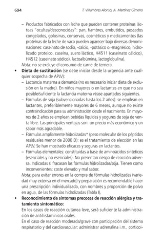 694                                       T. Viñambres Alonso, A. Martínez Gimeno


      – Productos fabricados con leche que pueden contener proteínas lác-
         teas “ocultas/desconocidas”: pan, fiambres, embutidos, pescados
         congelados, golosinas, conservas, cosméticos y medicamentos (las
         proteínas de la leche de vaca pueden aparecer bajo diversas denomi-
         naciones: caseinato de sodio, -calcio, -potásico o -magnésico, hidro-
         lizado proteico, caseína, suero láctico, H4511 (caseinato cálcico),
         H4512 (caseinato sódico), lactoalbúmina, lactoglobulina).
      Nota: no se excluye el consumo de carne de ternera.
•     Dieta de sustitución (se debe iniciar desde la urgencia ante cual-
      quier sospecha de APLV):
      – Lactancia materna a demanda (no es necesario iniciar dieta de exclu-
         sión en la madre). En niños mayores o en lactantes en que no sea
         posible/suficiente la lactancia materna véase apartados siguientes.
      – Fórmulas de soja (subvencionadas hasta los 2 años): se emplean en
         lactantes, preferiblemente mayores de 6 meses, aunque no existe
         contraindicación para su administración desde el nacimiento. En mayo-
         res de 2 años se emplean bebidas líquidas y yogures de soja de ven-
         ta libre. Las principales ventajas son: un precio más económico y un
         sabor más agradable.
      – Fórmulas ampliamente hidrolizadas* (peso molecular de los péptidos
         residuales menor de 2000 D): es el tratamiento de elección en las
         APLV. Se han mostrado eficaces y seguras en lactantes.
      – Fórmulas elementales: constituidas a base de aminoácidos sintéticos
         (esenciales y no esenciales). No presentan riesgo de reacción adver-
         sa. Indicadas si fracasan las fórmulas hidrolizadas/soja. Tienen como
         inconvenientes: coste elevado y mal sabor.
      Nota: para evitar errores en la compra de fórmulas hidrolizadas (varie-
      dad muy extensa en el mercado) y preparación es recomendable hacer
      una prescripción individualizada, con nombres y proporción de polvo
      en agua, de las fórmulas hidrolizadas (Tabla I).
•     Reconocimiento de síntomas precoces de reacción alérgica y tra-
      tamiento sintomático:
      En los casos de reacción cutánea leve, será suficiente la administra-
      ción de antihistamínicos orales.
      En el caso de reacción moderada/grave con participación del sistema
      respiratorio y del cardiovascular: administrar adrenalina i.m., corticoi-
 
