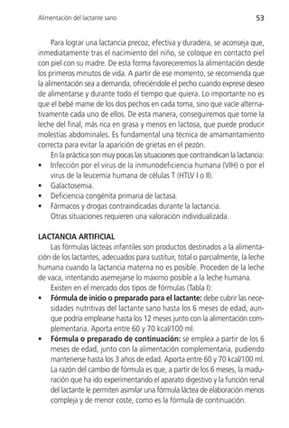 Alimentación del lactante sano                                                53


      Para lograr una lactancia precoz, efectiva y duradera, se aconseja que,
inmediatamente tras el nacimiento del niño, se coloque en contacto piel
con piel con su madre. De esta forma favoreceremos la alimentación desde
los primeros minutos de vida. A partir de ese momento, se recomienda que
la alimentación sea a demanda, ofreciéndole el pecho cuando exprese deseo
de alimentarse y durante todo el tiempo que quiera. Lo importante no es
que el bebé mame de los dos pechos en cada toma, sino que vacíe alterna-
tivamente cada uno de ellos. De esta manera, conseguiremos que tome la
leche del final, más rica en grasa y menos en lactosa, que puede producir
molestias abdominales. Es fundamental una técnica de amamantamiento
correcta para evitar la aparición de grietas en el pezón.
      En la práctica son muy pocas las situaciones que contraindican la lactancia:
• Infección por el virus de la inmunodeficiencia humana (VIH) o por el
      virus de la leucemia humana de células T (HTLV I o II).
• Galactosemia.
• Deficiencia congénita primaria de lactasa.
• Fármacos y drogas contraindicadas durante la lactancia.
      Otras situaciones requieren una valoración individualizada.

LACTANCIA ARTIFICIAL
    Las fórmulas lácteas infantiles son productos destinados a la alimenta-
ción de los lactantes, adecuados para sustituir, total o parcialmente, la leche
humana cuando la lactancia materna no es posible. Proceden de la leche
de vaca, intentando asemejarse lo máximo posible a la leche humana.
    Existen en el mercado dos tipos de fórmulas (Tabla I):
• Fórmula de inicio o preparado para el lactante: debe cubrir las nece-
    sidades nutritivas del lactante sano hasta los 6 meses de edad, aun-
    que podría emplearse hasta los 12 meses junto con la alimentación com-
    plementaria. Aporta entre 60 y 70 kcal/100 ml.
• Fórmula o preparado de continuación: se emplea a partir de los 6
    meses de edad, junto con la alimentación complementaria, pudiendo
    mantenerse hasta los 3 años de edad. Aporta entre 60 y 70 kcal/100 ml.
    La razón del cambio de fórmula es que, a partir de los 6 meses, la madu-
    ración que ha ido experimentando el aparato digestivo y la función renal
    del lactante le permiten asimilar una fórmula láctea de elaboración menos
    compleja y de menor coste, como es la fórmula de continuación.
 