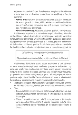 Fibrosis quística                                                          729


     tes presentan colonización por Pseudomonas aeruginosa, situación que
     se suele asociar a un deterioro progresivo e irreversible de la función
     pulmonar.
     – Por vía oral: indicados en las exacerbaciones leves (sin afectación
        del estado general, ni disnea, ni hipoxemia): amoxicilina-clavulánico
        para el H. influenzae, cefuroxima para el S. aureus o ciprofloxacino
        para Pseudomonas aeruginosa.
     – Por vía intravenosa: para aquellos pacientes que van a ser ingresados.
     Antibioterapia hospitalaria: el tratamiento empírico inicial requiere valo-
rar los últimos cultivos de esputo y/o frotis faríngeo, teniendo presente a
la Pseudomonas aeruginosa, un germen frecuente y que puede aparecer en
cualquier momento en estos pacientes y el S. aureus, presente en la mayo-
ría de los niños con fibrosis quística. Por ello la terapia inicial recomendada,
hasta obtener los resultados microbiológicos de la exacerbación actual, es:

               Ceftazidima y aminoglucósido (anti-Pseudomonas)
                                         +
          Cloxacilina / vancomicina (si hay resistencias) (antiestafilococo)

    Antibioterapia domiciliaria: es una opción a valorar en el caso de enfer-
mos con exacerbación respiratoria moderada que precise antibióticos i.v. y
presenten una función renal normal, con vía de acceso segura y no presente
ninguno de los criterios de ingreso. Se utiliza cada vez con mayor frecuencia
ya que reduce el número de ingresos y el gasto sanitario, proporcionando al
paciente mejor calidad de vida. Precisa administrar al menos la primera dosis
hospitalaria y, posteriormente, requiere realizar controles semanales.
• Fisioterapia: aplicación intensiva durante las exacerbaciones, con un míni-
    mo de 2-3 sesiones al día, intensas y de al menos 30 minutos de duración.
• Otros:
    – Broncodilatadores: si previamente los tomaba y/o sibilancias a la aus-
       cultación. Salbutamol en aerosol cada 4-6 horas previo a sesión de
       fisioterapia.
    – DNAsa: 1 ampolla en aerosol cada 12 horas, antes de la fisioterapia.
    – Suero salino hipertónico al 7%: 1 ampolla en aerosol cada 12 horas
       si previamente lo recibía y toleraba. En ese caso no es necesario el
       DNAsa.
 