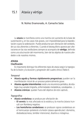 15.1       Ataxia y vértigo


            N. Núñez Enamorado, A. Camacho Salas




    La ataxia se manifiesta como una marcha con aumento de la base de
sustentación y, en los casos más graves, con imposibilidad para la bipedes-
tación o para la sedestación. Puede producirse por afectación del cerebelo,
de sus vías aferentes o eferentes. Cuando el desequilibrio aparece por alte-
raciones en las vías vestibulares siempre se acompaña de vértigo, definido
como una alucinación del movimiento, bien de los objetos de nuestro alre-
dedor o de nosotros mismos.

ATAXIA
Clasificación
     Es importante distinguir los diferentes tipos de ataxia según la topogra-
fía de la lesión y la duración y progresión del cuadro clínico (Tabla I).

Temporal
• Ataxia aguda y formas rápidamente progresivas: pueden ser la
   manifestación inicial de un proceso potencialmente grave.
• Ataxias agudas intermitentes: existe una recurrencia periódica, de etio-
   logía muy variada (migraña, enfermedades metabólicas, canalopatías…).
• Ataxias crónicas: quedan fuera del objetivo de este capítulo.

Topográfica
• Ataxia cerebelosa: se produce por afectación de:
   – El vermis: lo más afectado es la estática y la marcha (ataxia trun-
     cal) con Romberg negativo.
   – Los hemisferios cerebelosos: se producen signos cerebelosos en
     el hemicuerpo ipsilateral a la lesión (ataxia apendicular): dismetría,
     disdiadococinesia, temblor intencional, disartria o nistagmus.
 