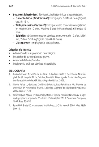 742                                            N. Núñez Enamorado. A. Camacho Salas


•     Sedantes laberínticos: fármacos antihistamínicos y neurolépticos:
      – Dimenhidrato (Biodramina®): vértigo por cinetosis. 5 mg/kg/día
        cada 8-12 h.
      – Tietilpiperazina (Torecan®): vértigo severo con cuadro vegetativo
        en mayores de 10 años. Máximo 3 días (efecto rebote). 6,5 mg/8-12
        horas.
      – Sulpiride: vértigo con muchos vómitos, en mayores de 10 años. Máxi-
        mo, 7 días. 5-10 mg/kg/día cada 8-12 horas.
      – Diacepam: 0.1 mg/kg/dosis cada 8 horas.

Criterios de ingreso
• Alteración de la exploración neurológica.
• Sospecha de patología ótica grave.
• Ansiedad del niño/familia.
• Intolerancia oral por vómitos incoercibles.

BIBLIOGRAFÍA
1.    Camacho Salas A, Simón de las Heras R, Mateos Beato F. (Sección de Neurolo-
      gía Infantil. Hospital 12 de Octubre, Madrid). Ataxia aguda. Protocolos Diagnós-
      tico Terapeútico de la AEP: Neurología Pediátrica. 2008.
2.    García Peñas JJ, González Gutiérrez-Solana L, Ruiz-Falcó Rojas ML. Manual de
      Urgencias en Neurología Infantil. Sociedad Española de Neurología Pediátrica.
      2005. Págs 317-39.
3.    Fenichel GM. Ataxia. En: Fenichel GM (ed.). Clinical Pediatric Neurology: a signs
      and symptoms approach. 3ª edition. Philadelphia: W. B. Saunders Company,
      1997. Págs 230-52.
4.    Ryan MM, Engle EC. Acute ataxia in childhood. J Child Neurol. 2003. May; 18(5):
      309-16.
 