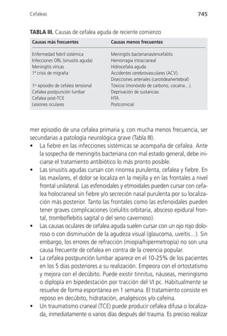 Cefaleas                                                                           745


TABLA III. Causas de cefalea aguda de reciente comienzo
Causas más frecuentes               Causas menos frecuentes

Enfermedad febril sistémica         Meningitis bacterianas/encefalitis
Infecciones ORL (sinusitis aguda)   Hemorragia intracraneal
Meningitis víricas                  Hidrocefalia aguda
1ª crisis de migraña                Accidentes cerebrovasculares (ACV).
                                    Disecciones arteriales (carotídea/vertebral)
1er episodio de cefalea tensional   Tóxicos (monóxido de carbono, cocaína…).
Cefalea postpunción lumbar          Deprivación de sustancias
Cefalea post-TCE                    HTA
Lesiones oculares                   Postcomicial




mer episodio de una cefalea primaria y, con mucha menos frecuencia, ser
secundarias a patología neurológica grave (Tabla III).
• La fiebre en las infecciones sistémicas se acompaña de cefalea. Ante
    la sospecha de meningitis bacteriana con mal estado general, debe ini-
    ciarse el tratamiento antibiótico lo más pronto posible.
• Las sinusitis agudas cursan con rinorrea purulenta, cefalea y fiebre. En
    las maxilares, el dolor se localiza en la mejilla y en las frontales a nivel
    frontal unilateral. Las esfenoidales y etmoidales pueden cursar con cefa-
    lea holocraneal sin fiebre y/o secreción nasal purulenta por su localiza-
    ción más posterior. Tanto las frontales como las esfenoidales pueden
    tener graves complicaciones (celulitis orbitaria, absceso epidural fron-
    tal, tromboflebitis sagital o del seno cavernoso).
• Las causas oculares de cefalea aguda suelen cursar con un ojo rojo dolo-
    roso o con disminución de la agudeza visual (glaucoma, uveítis…). Sin
    embargo, los errores de refracción (miopía/hipermetropía) no son una
    causa frecuente de cefalea en contra de la creencia popular.
• La cefalea postpunción lumbar aparece en el 10-25% de los pacientes
    en los 5 días posteriores a su realización. Empeora con el ortostatismo
    y mejora con el decúbito. Puede existir tinnitus, náuseas, meningismo
    o diplopía en bipedestación por tracción del VI pc. Habitualmente se
    resuelve de forma espontánea en 1 semana. El tratamiento consiste en
    reposo en decúbito, hidratación, analgésicos y/o cafeína.
• Un traumatismo craneal (TCE) puede producir cefalea difusa o localiza-
    da, inmediatamente o varios días después del trauma. Es preciso realizar
 
