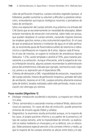 798       A. Sánchez Barrueco, G. Zayas Pavón, I. Amores Hernández, M.A. Villafruela Sanz


      cidos de perforación timpánica, cuerpos extraños vegetales (porque, al
      hidratarse, pueden aumentar su volumen y dificultar su posterior extrac-
      ción), antecedentes quirúrgicos otológicos recientes o portadores de
      tubos de ventilación.
      Salvo una exposición del cuerpo extraño muy próxima a la entrada del
      CAE (tanto que se vea externamente sin necesidad de otoscopio), deben
      evitarse maniobras de extracción instrumental, sobre todo con pinzas,
      que pueden desplazar el cuerpo extraño, causando mayores lesiones
      (se emplean ganchos romos y otro instrumental específico). En el caso
      de que se produzcan lesiones o instilación de agua en el oído perfora-
      do, se recomienda pauta de fluorcinolona-sulfato de neomicina o tobra-
      micina o ciprofloxacino en mayores de 6 años, tópicos cada 8 horas.
      En el caso de insectos, se sugiere la instilación de anestésicos tópicos
      (lidocaína: 1-2%), aceite templado o alcohol al 70%, para matarlos pre-
      viamente a su extracción. Aunque infrecuente, ante la sospecha de mia-
      sis (infestación larvaria), algunos autores recomiendan la administración
      previa del antihelmíntico indicado (por ejemplo, ivermectina oral o tópi-
      ca), previa a su aspiración por el especialista ORL.
•     Criterios de derivación a ORL: imposibilidad de extracción, impactación
      del cuerpo extraño, historia de perforación timpánica, portador del tubo
      de ventilación, lesiones en el CAE, cuerpos extraños altamente erosivos
      (pilas de botón), lavados realizados sobre oído perforado, miasis o aso-
      ciación con otorragia y/u otorrea.

Fosas nasales (Algoritmo 1)
• Etiología: introducción accidental o voluntaria. La mayoría son niños de
   3-5 años.
• Clínica: asintomático o asociando rinorrea unilateral fétida, obstrucción
   nasal y/o epistaxis. En casos de días de evolución, puede presentar
   síntomas de sinusitis aguda (fiebre y cefalea).
• Diagnóstico: la anamnesis resulta primordial aunque, en la mayoría de
   los casos, el propio paciente informa a sus padres de la presencia y el
   tipo de cuerpo extraño, ante la imposibilidad de retirarlo. La explora-
   ción se realiza mediante un rinoscopio y, en su defecto, con un otosco-
   pio. Debe prestarse especial atención a los cornetes inferior y medio, ya
   que la mayoría de los cuerpos extraños se ubican entre éstos y el sep-
 