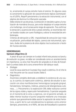 800       A. Sánchez Barrueco, G. Zayas Pavón, I. Amores Hernández, M.A. Villafruela Sanz


      te, arrastrando el cuerpo extraño hasta el exterior. En algunos casos
      es conveniente la aplicación de vasoconstrictores tópicos (oximetazoli-
      na al 0,05%, Respir®) previamente a la extracción instrumental, con el
      objetivo de disminuir la inflamación asociada.
      Debe evitarse el uso de pinzas, la extracción en decúbito supino y la rea-
      lización de maniobras bruscas, para evitar desplazar el cuerpo extraño
      a la rinofaringe, con el consecuente riesgo de aspiración. Tras confirmar
      la extracción y ausencia de otros cuerpos extraños, se recomienda indi-
      car lavados nasales con suero fisiológico y valorar la necesidad de anti-
      bioterapia.
      Criterios de derivación a ORL: imposibilidad de extracción (por mala
      visualización, profundidad del objeto, carencia de instrumental), epis-
      taxis, dudas de la presencia de otros objetos tras la extracción o lesión
      de mucosa asociada.

HEMORRAGIAS
Epistaxis (Algoritmo 2)
     A pesar de que casi siempre en la edad infantil este proceso es banal y
de evolución no grave, no debe ser considerado como un acontecimiento
sin importancia. La zona más frecuente de sangrado es el área de Kiessel-
bach (a ambos lados de la zona anteroinferior del tabique nasal).
• Etiología:
     Local (la causa asienta en la propia fosa nasal) o sistémica. En el niño lo
     más frecuente son las causas locales (Tabla I).
• Diagnóstico:
     Anamnesis completa destinada a establecer la existencia de una cau-
     sa, la cuantía y la repercusión sistémica, además de estudiar la aso-
     ciación con otras manifestaciones hemorrágicas (sangrado gingival,
     hematemesis, hemoptisis, melenas, presencia de telangiectasias cutá-
     neas, ...). Previamente a la exploración ORL debe realizarse control
     de los signos vitales y repercusión hemodinámica. Si persiste sangrado
     en el momento de la visita a urgencias, con el paciente sentado, se
     debe intentar localizar el punto sangrante mediante una rinoscopia
     anterior que generalmente debe asociar la aspiración de restos hemá-
     ticos, a partir de lo cual consideraremos la epistaxis como anterior
     (benigna, proveniente, en el 90%, del área de Kiesselbach) o posterior
 