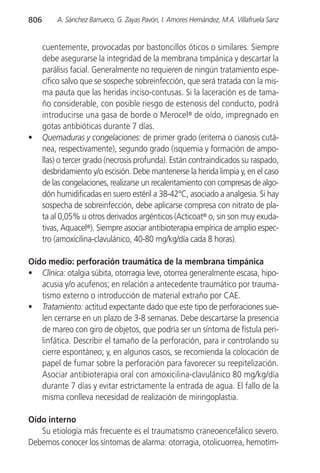 806       A. Sánchez Barrueco, G. Zayas Pavón, I. Amores Hernández, M.A. Villafruela Sanz


      cuentemente, provocadas por bastoncillos óticos o similares. Siempre
      debe asegurarse la integridad de la membrana timpánica y descartar la
      parálisis facial. Generalmente no requieren de ningún tratamiento espe-
      cífico salvo que se sospeche sobreinfección, que será tratada con la mis-
      ma pauta que las heridas inciso-contusas. Si la laceración es de tama-
      ño considerable, con posible riesgo de estenosis del conducto, podrá
      introducirse una gasa de borde o Merocel® de oído, impregnado en
      gotas antibióticas durante 7 días.
•     Quemaduras y congelaciones: de primer grado (eritema o cianosis cutá-
      nea, respectivamente), segundo grado (isquemia y formación de ampo-
      llas) o tercer grado (necrosis profunda). Están contraindicados su raspado,
      desbridamiento y/o escisión. Debe mantenerse la herida limpia y, en el caso
      de las congelaciones, realizarse un recalentamiento con compresas de algo-
      dón humidificadas en suero estéril a 38-42°C, asociado a analgesia. Si hay
      sospecha de sobreinfección, debe aplicarse compresa con nitrato de pla-
      ta al 0,05% u otros derivados argénticos (Acticoat® o, sin son muy exuda-
      tivas, Aquacel®). Siempre asociar antibioterapia empírica de amplio espec-
      tro (amoxicilina-clavulánico, 40-80 mg/kg/día cada 8 horas).

Oído medio: perforación traumática de la membrana timpánica
• Clínica: otalgia súbita, otorragia leve, otorrea generalmente escasa, hipo-
   acusia y/o acufenos; en relación a antecedente traumático por trauma-
   tismo externo o introducción de material extraño por CAE.
• Tratamiento: actitud expectante dado que este tipo de perforaciones sue-
   len cerrarse en un plazo de 3-8 semanas. Debe descartarse la presencia
   de mareo con giro de objetos, que podría ser un síntoma de fístula peri-
   linfática. Describir el tamaño de la perforación, para ir controlando su
   cierre espontáneo; y, en algunos casos, se recomienda la colocación de
   papel de fumar sobre la perforación para favorecer su reepitelización.
   Asociar antibioterapia oral con amoxicilina-clavulánico 80 mg/kg/día
   durante 7 días y evitar estrictamente la entrada de agua. El fallo de la
   misma conlleva necesidad de realización de miringoplastia.

Oído interno
   Su etiología más frecuente es el traumatismo craneoencefálico severo.
Debemos conocer los síntomas de alarma: otorragia, otolicuorrea, hemotím-
 