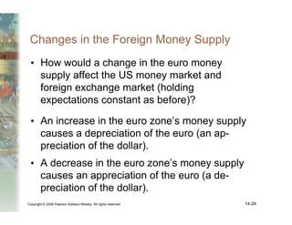 Copyright © 2006 Pearson Addison-Wesley. All rights reserved. 14-24
Changes in the Foreign Money Supply
• How would a change in the euro money
supply affect the US money market and
foreign exchange market (holding
expectations constant as before)?
• An increase in the euro zone’s money supply
causes a depreciation of the euro (an ap-
preciation of the dollar).
• A decrease in the euro zone’s money supply
causes an appreciation of the euro (a de-
preciation of the dollar).
 