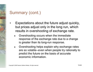 Copyright © 2006 Pearson Addison-Wesley. All rights reserved. 14-44
Summary (cont.)
• Expectations about the future adjust quickly,
but prices adjust only in the long run, which
results in overshooting of exchange rate.
♦ Overshooting occurs when the immediate
response of the exchange rate due to a change
is greater than its long-run response.
♦ Overshooting helps explain why exchange rates
are so volatile--even when people try rationally to
predict the future on the basis of accurate
economic information.
 