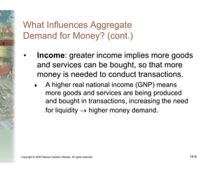 Copyright © 2006 Pearson Addison-Wesley. All rights reserved. 14-9
What Influences Aggregate
Demand for Money? (cont.)
• Income: greater income implies more goods
and services can be bought, so that more
money is needed to conduct transactions.
♦ A higher real national income (GNP) means
more goods and services are being produced
and bought in transactions, increasing the need
for liquidity → higher money demand.
 