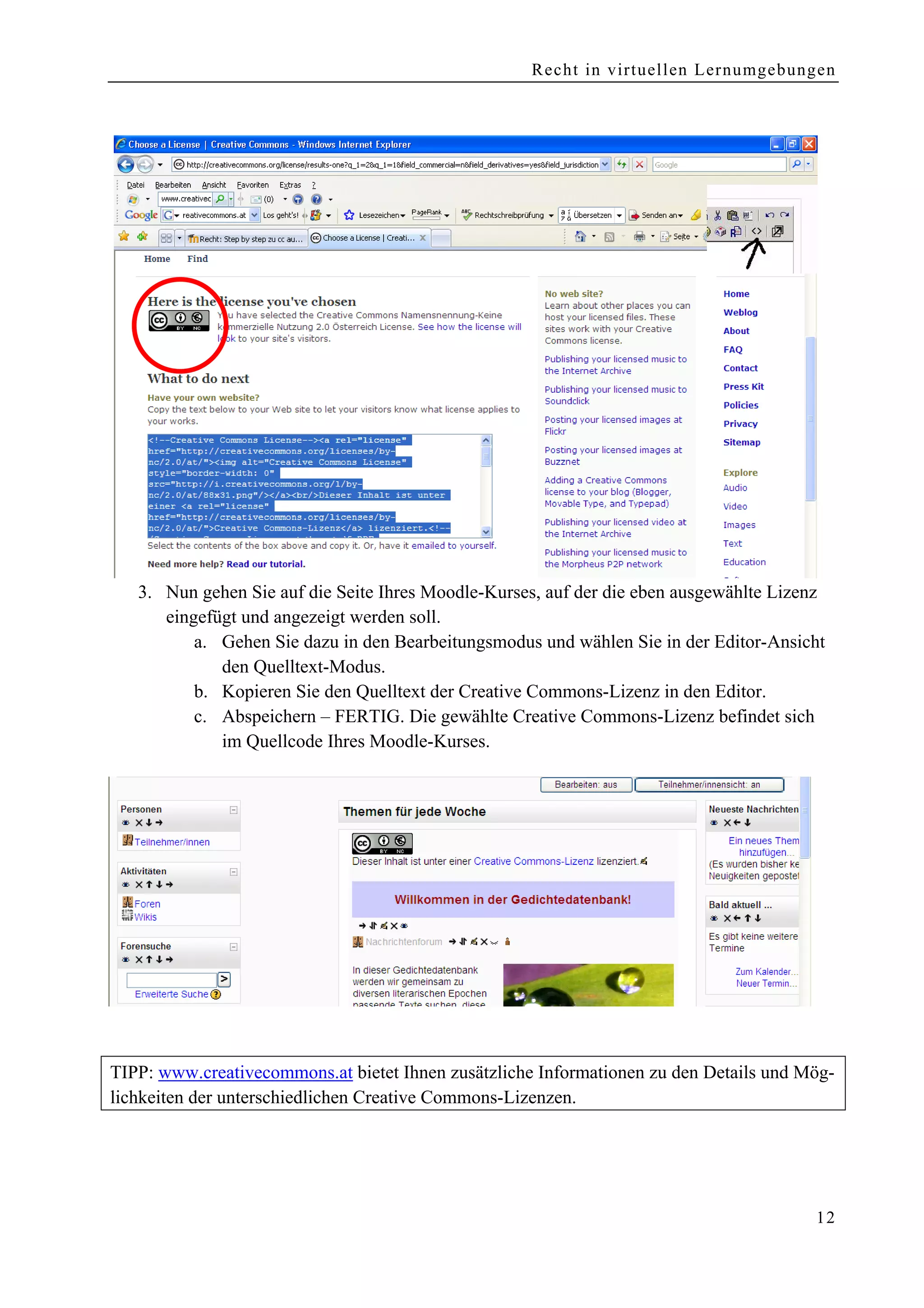 Recht in virtuellen Lernumgebungen




   3. Nun gehen Sie auf die Seite Ihres Moodle-Kurses, auf der die eben ausgewählte Lizenz
      eingefügt und angezeigt werden soll.
          a. Gehen Sie dazu in den Bearbeitungsmodus und wählen Sie in der Editor-Ansicht
             den Quelltext-Modus.
          b. Kopieren Sie den Quelltext der Creative Commons-Lizenz in den Editor.
          c. Abspeichern – FERTIG. Die gewählte Creative Commons-Lizenz befindet sich
             im Quellcode Ihres Moodle-Kurses.




TIPP: www.creativecommons.at bietet Ihnen zusätzliche Informationen zu den Details und Mög-
lichkeiten der unterschiedlichen Creative Commons-Lizenzen.




                                                                                        12
 