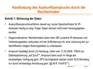 Till Kreutzer, i.e. Seite  Urheberrecht Schritt 1: Sicherung der Daten Auskunftsanspruchsverfahren dauert wg. kurzer Speicherfristen für IP-Adressen häufig zu lang. Folge: Daten können nicht mehr herausgegeben werden Gegenmaßnahme: Rechteinhaber teilen dem ISP zunächst IP-Adressen und Verbindungsdaten verbunden mit der Aufforderung mit, eine Löschung der zur Identifikation nötigen Nutzungsdaten zu unterlassen Anspruch bestätigt durch LG Hamburg, Urteil vom 11.03.2009 : Pflicht zur Datenspeicherung „auf Zuruf“*, Anspruch kann auch im Wege der einstweiligen Verfügung gem. ZPO durchgesetzt werden (nach OLG Nürnberg nur durch einstweilige Anordnung gem. §§ 49 ff. FamFG**) Handhabung des Auskunftsanspruchs durch die Rechteinhaber 