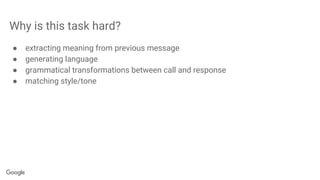 Why is this task hard?
● extracting meaning from previous message
● generating language
● grammatical transformations between call and response
● matching style/tone
 