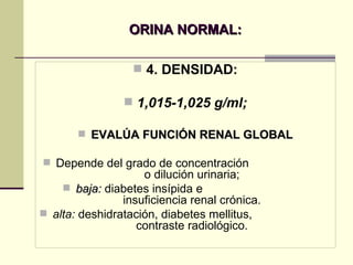 ORINA NORMAL: 4. DENSIDAD: 1,015-1,025 g/ml; EVALÚA FUNCIÓN RENAL GLOBAL Depende del grado de concentración  o dilución urinaria; baja:  diabetes insípida e  insuficiencia renal crónica. alta:  deshidratación, diabetes mellitus,  contraste radiológico.  