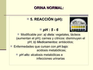 ORINA NORMAL: 5. REACCIÓN (pH):   pH : 5 - 6 Modificable por:  a) dieta:  vegetales, lácteos (aumentan el pH); carnes y cítricos: disminuyen el pH;  b) Medicamentos:  antiácidos; Enfermedades que cursan con  pH bajo :  acidosis metabólicas; pH alto:  alcalosis metabólicas e  infecciones urinarias 