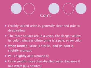 Con’t Freshly voided urine is generally clear and pale to deep yellow The more solutes are in a urine, the deeper yellow its color; whereas dilute urine is a pale, straw color When formed, urine is sterile,  and its odor is slightly aromatic Ph is slightly acid (around 6) Urine weight more than distilled water (because it has water plus solutes) 