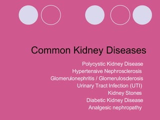 Common Kidney Diseases Polycystic Kidney Disease Hypertensive Nephrosclerosis  Glomerulonephritis / Glomerulosclerosis Urinary Tract Infection (UTI)  Kidney Stones  Diabetic Kidney Disease Analgesic nephropathy  