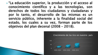  “La educación superior, la producción y el acceso al
conocimiento científico y a las tecnologías, son
derechos de todos los ciudadanos y ciudadanas y
por lo tanto, el desarrollo de las mismas es un
servicio público, inherente a la finalidad social del
estado, los cuales a su vez, forman parte de los
objetivos del plan decenal (2008 – 2018).
0
50
100
2000-2004 2004-2008 2008-2012
15
32
53
Crecimiento de las tics en nuestro país
 