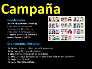 Campaña 26   febrero.  Inicia la publicidad política electoral. 16 de marzo.  Elecciones legislativas. 1   abril . Cierre de inscripción de candidatos. 11   abril.  Arranque del acceso de los candidatos a los medios televisivos. 26   mayo.   ELECCIONES . 16   junio.   SEGUNDA VUELTA. Cronograma electoral. Condiciones. Sistema bipartidista (en crisis). En 44 años de democracia  se sucedieron 11 gobiernos:  7 liberales y 4 conservadores. Sistema electoral mayoritario  con doble vuelta (+50%). 