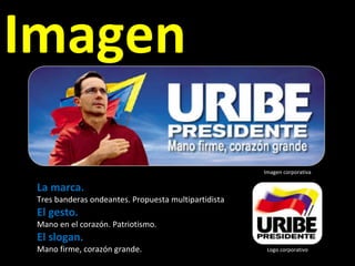 Imagen La marca. Tres banderas ondeantes. Propuesta multipartidista El gesto. Mano en el corazón. Patriotismo. El slogan. Mano firme, corazón grande. Logo corporativo Imagen corporativa 