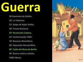 Guerra 48´Asesinato de Gaitán. 50´ La Violencia. 53´ Golpe de Rojas Pinilla. 58´ Frente Nacional . 59´ Revolución Cubana. 64´ Conformación FARC. 70´ Bonanza Marimbera. 80´ Expansión Narcotráfico. 89´ Caída del Muro de Berlín. 90´ Guerra contra carteles. FARC+Narco 