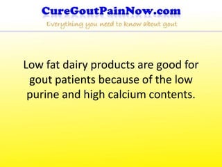 Low fat dairy products are good for
 gout patients because of the low
 purine and high calcium contents.
 