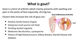 What is gout?
Gout is a form of arthritis which mainly presents with swelling and
pain in the joints of feet especially, the big toe.
Factors that increase the risk of gout are:
● Positive Family history of gout
● Eating too much purine-rich food
● Drinking alcohol regularly
● Medicines like diuretics, cyclosporine
● History of high blood pressure, kidney disease, thyroid disease and
diabetes
 