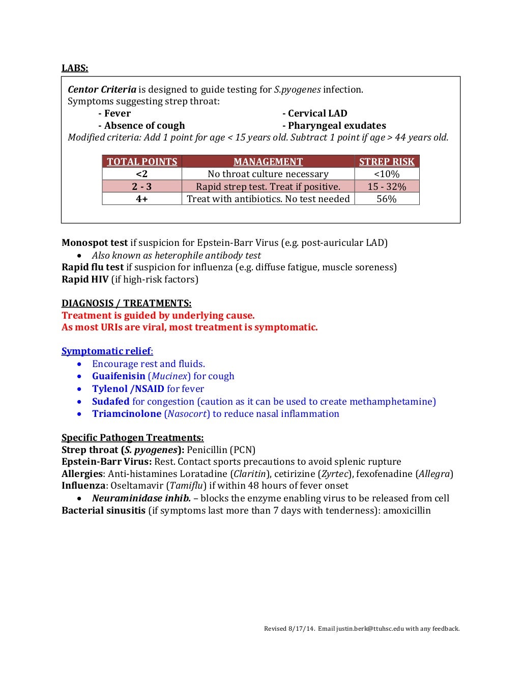 Upper Respiratory Infection (URI) Cheat Sheet