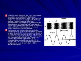 Podemos decir entonces que cada partícula se encontrará en una situación distinta del movimiento oscilatorio. Es decir, cada partícula tendrá una situación de fase (ángulo de fase) distinta. En algún lugar de la cadena encontraremos una partícula cuya situación de fase coincide con la de la primera, aunque la primer partícula estará comenzando su segundo ciclo oscilatorio, mientras que la otra recién estará comenzando su primer ciclo.  La distancia que existe entre dos partículas consecutivas en igual situación de fase se llama longitud de onda ( ). También podemos definir la longitud de onda como la distancia que recorre una onda en un período de tiempo T. La longitud de onda está relacionada con la frecuencia f (inversa del período T) por medio de la velocidad de propagación del sonido (c), de manera que c =  · f. Las ondas sonoras tienen longitudes de onda de entre 2 cm y 20 m aproximadamente.  