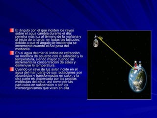 El ángulo con el que inciden los rayos sobre el agua cambia durante el día: penetra más luz al término de la mañana y al inicio de la tarde, en todas las latitudes, debido a que el ángulo de incidencia se incrementa cuando el Sol pasa del mediodía. En el agua del mar el índice de refracción se modifica de acuerdo con la salinidad y la temperatura, siendo mayor cuando se incrementa la concentración de sales y disminuye la temperatura. Cuando un rayo de luz solar incide en el agua del mar, parte de sus radiaciones son absorbidas y transformadas en calor, y la otra parte es dispersada por las propias moléculas del agua, así como por las partículas en suspensión o por los microorganismos que viven en ella 