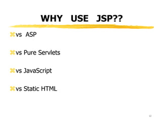 WHY USE JSP??
vs ASP
vs Pure Servlets
vs JavaScript
vs Static HTML
12
 