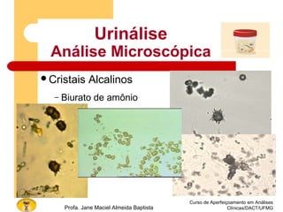 Curso de Aperfeiçoamento em Análises
Clínicas/DACT/UFMGProfa. Jane Maciel Almeida Baptista
Urinálise
Análise Microscópica
Cristais Alcalinos
– Biurato de amônio
 