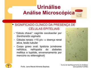 Curso de Aperfeiçoamento em Análises
Clínicas/DACT/UFMGProfa. Jane Maciel Almeida Baptista
Urinálise
Análise Microscópica
- “Célula chave”: vaginite cocobacilar por
Gardnerella vaginalis
– Células renais: >15 p/c ⇒ doença renal
ativa, lesão tubular
– Corpo graxo oval: lipidúria (síndrome
nefrótica, nefropatia do diabetes
mellitus e lupóide, envenenamento por
mercúrio ou etilenoglicol)
 SIGNIFICADO CLÍNICO DA PRESENÇA DE
CÉLULAS EPITELIAIS
 