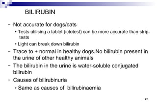 BILIRUBIN
–   Not accurate for dogs/cats
    • Tests utilising a tablet (ictotest) can be more accurate than strip-
       tests
    • Light can break down bilirubin
–   Trace to + normal in healthy dogs.No bilirubin present in
    the urine of other healthy animals
–   The bilirubin in the urine is water-soluble conjugated
    bilirubin
–   Causes of bilirubinuria
     • Same as causes of bilirubinaemia

                                                                       17
 