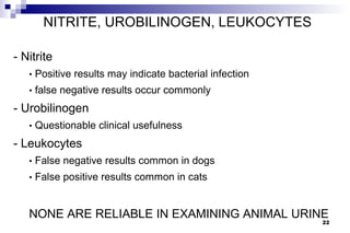 NITRITE, UROBILINOGEN, LEUKOCYTES

- Nitrite
   • Positive results may indicate bacterial infection
   • false negative results occur commonly

- Urobilinogen
   • Questionable clinical usefulness

- Leukocytes
   • False negative results common in dogs
   • False positive results common in cats



   NONE ARE RELIABLE IN EXAMINING ANIMAL URINE
                                                         22
 
