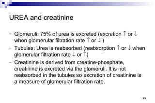 UREA and creatinine

–   Glomeruli: 75% of urea is excreted (excretion ↑ or ↓
    when glomerular filtration rate ↑ or ↓ )
–   Tubules: Urea is reabsorbed (reabsorption ↑ or ↓ when
    glomerular filtration rate ↓ or ↑)
–   Creatinine is derived from creatine-phosphate,
    creatinine is excreted via the glomeruli. It is not
    reabsorbed in the tubules so excretion of creatinine is
    a measure of glomerular filtration rate.

                                                          25
 