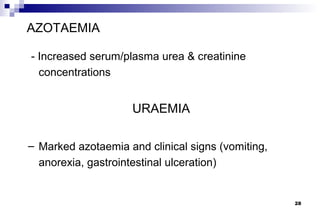 AZOTAEMIA

- Increased serum/plasma urea & creatinine
  concentrations


                    URAEMIA

– Marked azotaemia and clinical signs (vomiting,
  anorexia, gastrointestinal ulceration)


                                                   28
 