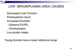 LOW SERUM/PLASMA UREA: CAUSES

–   Decreased Liver Function
–   Portosystemic shunt
–   Increased Excretion
     • Extreme PU/PD
     • Overhydration
–   Low protein intake

Young Animals have a lower reference range


                                             33
 