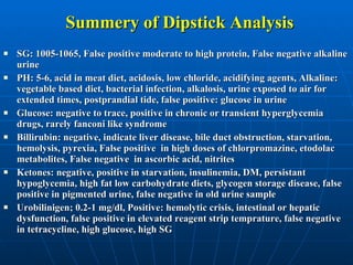 Summery of Dipstick Analysis SG: 1005-1065, False positive moderate to high protein, False negative alkaline urine PH: 5-6, acid in meat diet, acidosis, low chloride, acidifying agents, Alkaline: vegetable based diet, bacterial infection, alkalosis, urine exposed to air for extended times, postprandial tide, false positive: glucose in urine Glucose: negative to trace, positive in chronic or transient hyperglycemia drugs, rarely fanconi like syndrome Billirubin: negative, indicate liver disease, bile duct obstruction, starvation, hemolysis, pyrexia, False positive  in high doses of chlorpromazine, etodolac metabolites, False negative  in ascorbic acid, nitrites Ketones: negative, positive in starvation, insulinemia, DM, persistant hypoglycemia, high fat low carbohydrate diets, glycogen storage disease, false positive in pigmented urine, false negative in old urine sample Urobilinigen; 0.2-1 mg/dl, Positive: hemolytic crisis, intestinal or hepatic dysfunction, false positive in elevated reagent strip temprature, false negative in tetracycline, high glucose, high SG 