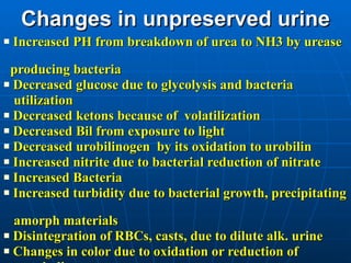 Changes in unpreserved urine Increased PH from breakdown of urea to NH3 by urease  producing bacteria Decreased glucose due to glycolysis and bacteria  utilization Decreased ketons because of  volatilization  Decreased Bil from exposure to light Decreased urobilinogen  by its oxidation to urobilin Increased nitrite due to bacterial reduction of nitrate Increased Bacteria Increased turbidity due to bacterial growth, precipitating  amorph materials Disintegration of RBCs, casts, due to dilute alk. urine Changes in color due to oxidation or reduction of  metabolites 