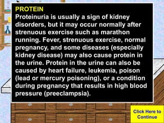Urine Sample
PROTEIN
Proteinuria is usually a sign of kidney
disorders, but it may occur normally after
strenuous exercise...