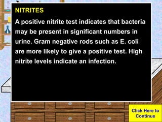 Urine Sample
NITRITES
A positive nitrite test indicates that bacteria
may be present in significant numbers in
urine. Gram...