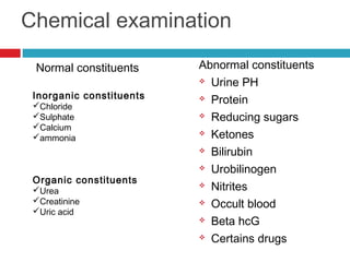 Chemical examination
 Urine PH
 Protein
 Reducing sugars
 Ketones
 Bilirubin
 Urobilinogen
 Nitrites
 Occult blood
 Beta hcG
 Certains drugs
Normal constituents Abnormal constituents
Inorganic constituents
Chloride
Sulphate
Calcium
ammonia
Organic constituents
Urea
Creatinine
Uric acid
 
